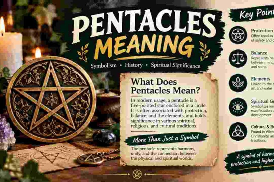 Pentacles meaning explained with a five-pointed pentacle symbol and spiritual imagery
