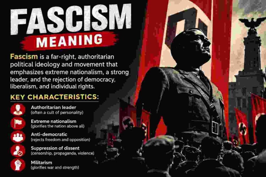 Fascism meaning explained through cracked fasces symbol with 1930s European city backdrop