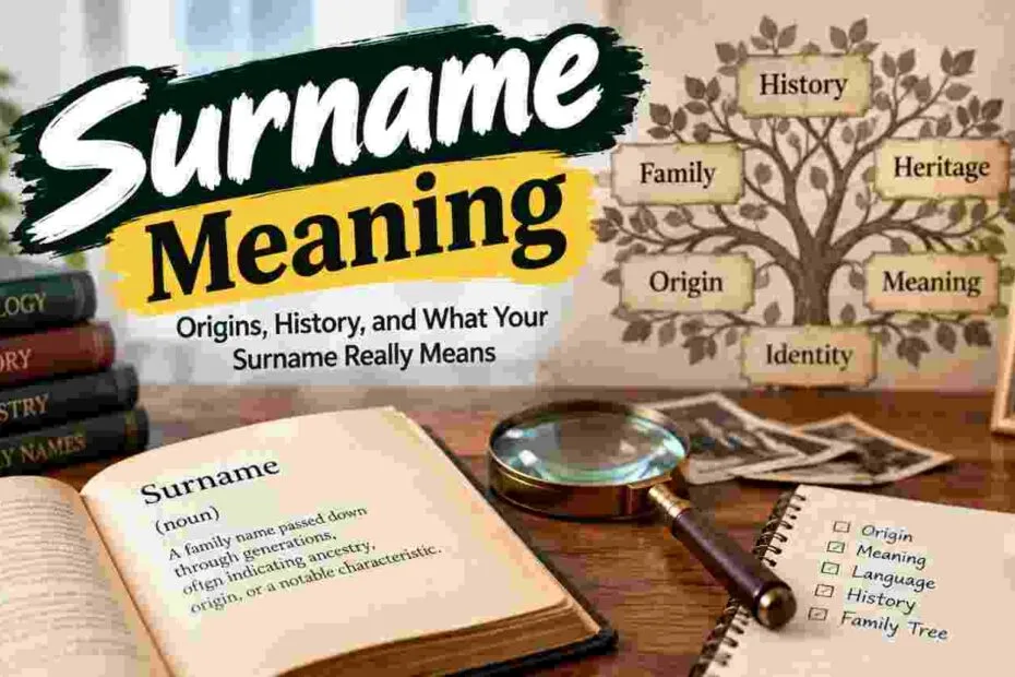 Surname meaning explained with family tree, genealogy books, and family history