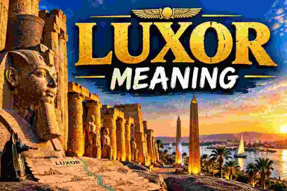 Ancient Luxor temple at sunset showing Egyptian columns and statues linked to Luxor meaning