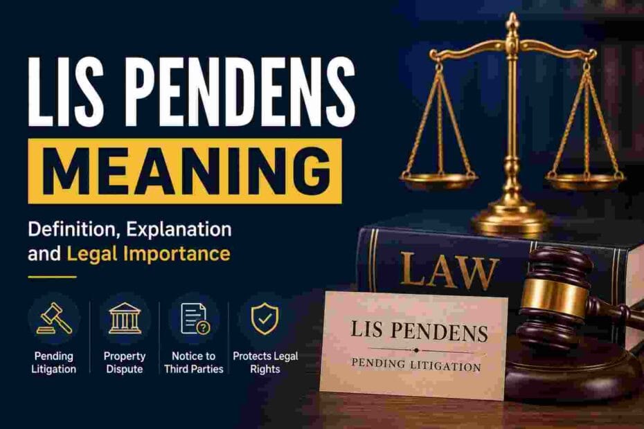Lis pendens meaning shown through property deed with legal notice stamp on attorney desk