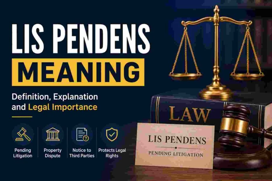 Lis pendens meaning shown through property deed with legal notice stamp on attorney desk