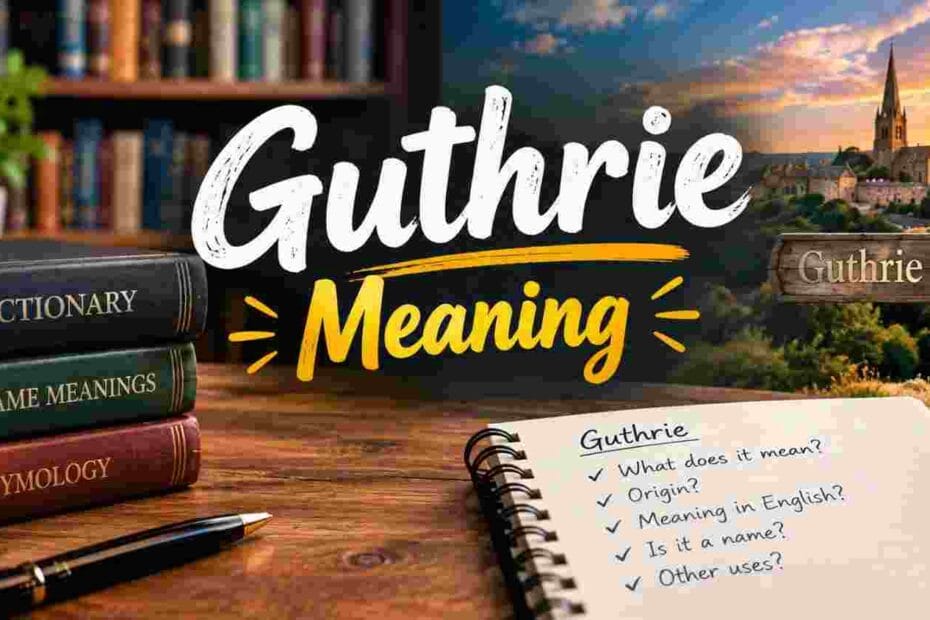 Guthrie meaning illustrated by a windswept Scottish castle in Angus with an acoustic guitar symbolizing folk heritage