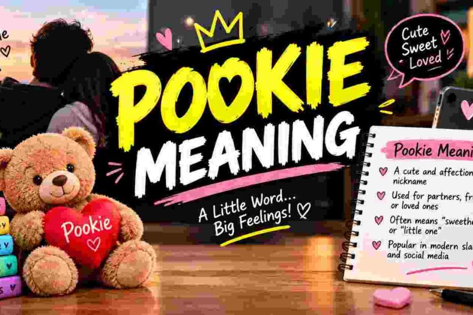 Pookie meaning explained with a cute couple, teddy bear, hearts, and notes about the affectionate nickname.