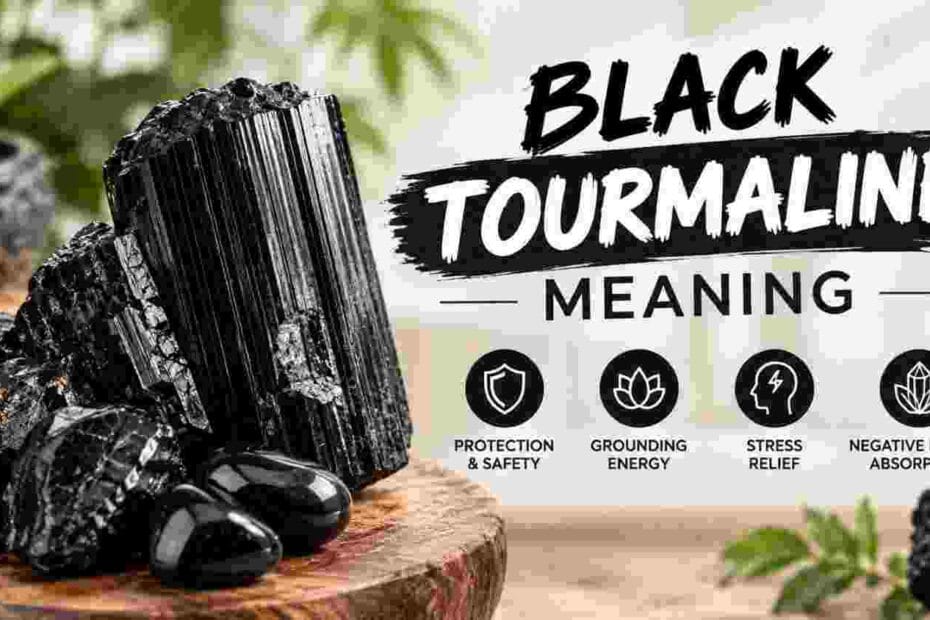 Black tourmaline crystal meaning, featuring a natural black mineral and its symbolic associations with protection, grounding, and negative energy absorption.