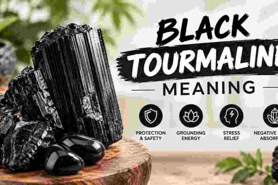 Black tourmaline crystal meaning, featuring a natural black mineral and its symbolic associations with protection, grounding, and negative energy absorption.