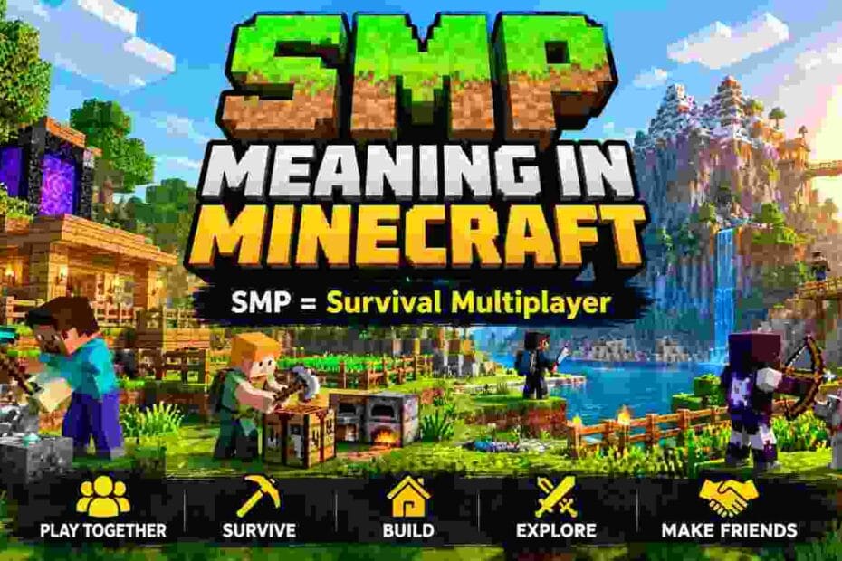 SMP meaning in Minecraft explained: four players survive, trade and build together on a Survival Multiplayer server village at sunset.