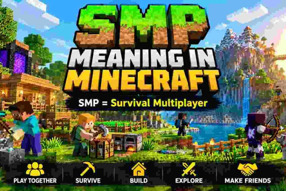 SMP meaning in Minecraft explained: four players survive, trade and build together on a Survival Multiplayer server village at sunset.