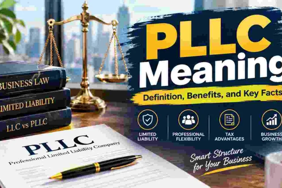 PLLC Meaning with business law books, legal documents, and scales of justice
