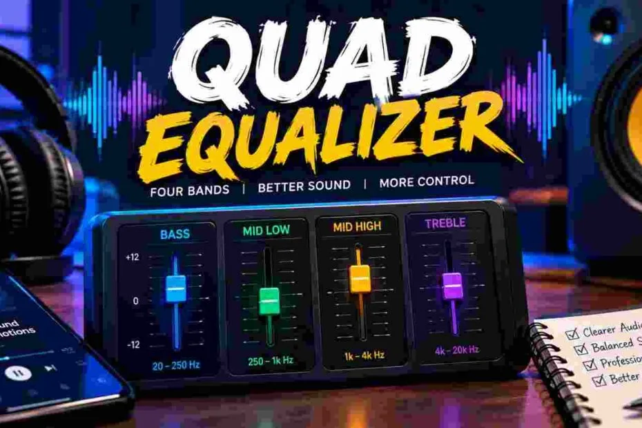 Quad equalizer with four audio frequency controls, colorful sound wave graphics, headphones, and studio speakers.