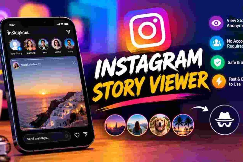 Instagram Story Viewer graphic showing a smartphone with Instagram stories and features for anonymous story viewing.