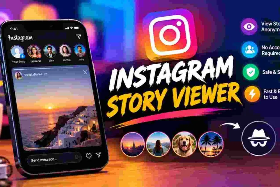Instagram Story Viewer graphic showing a smartphone with Instagram stories and features for anonymous story viewing.