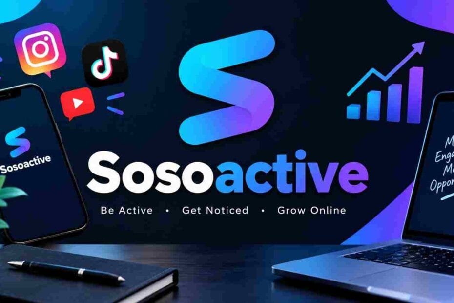 Sosoactive digital platform concept with social media icons, smartphone, laptop, and growth analytics